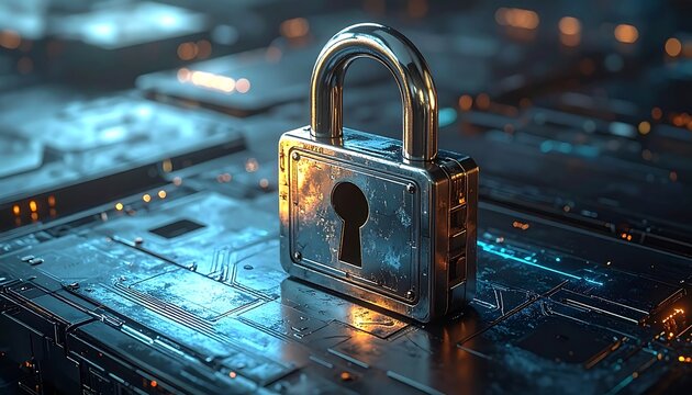 A digital padlock symbolizing cybersecurity and data protection on a circuit board background