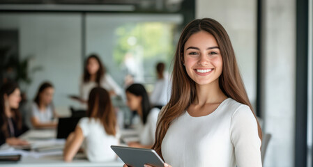 Modern office stock photo with woman leader, team collaboration scene, and space for branding or headline placement.