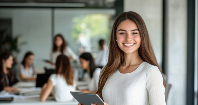 Modern office stock photo with woman leader, team collaboration scene, and space for branding or headline placement.