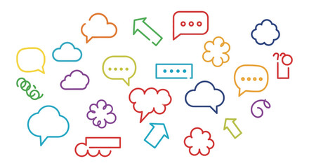 Colorful collection of hand drawn speech bubbles and communication icons on white background