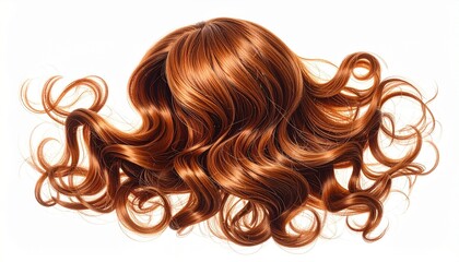Voluminous reddish-brown wig with soft, glossy curls fanning outward. Styled in loose waves, the hairpiece evokes elegance and texture, ideal for fashion, costume, or hairstyling visuals.