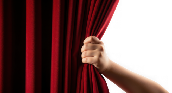 Hand pulling open a red theater curtain isolated on transparent background