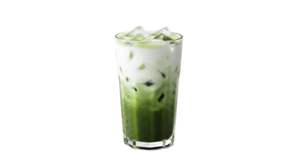 Iced Matcha Latte With Milk and Ice Cubes in a Tall Glass