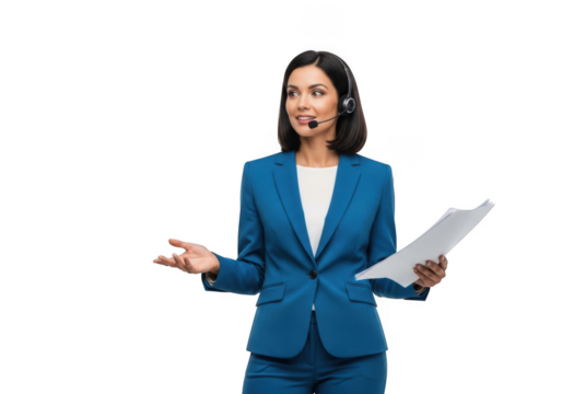 Professional businesswoman in blue suit wearing headset holding documents isolated on transparent background