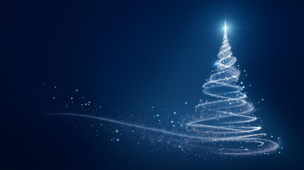 A minimalist Christmas tree in ethereal light, an elegant emblem of holiday cheer, with sparkling trails and a beacon of hope atop, set against a deep blue backdrop.