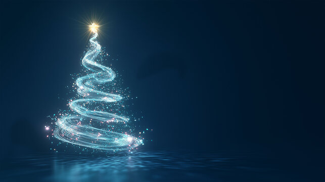 A dazzling display of festive spirit, a luminous Christmas tree of swirling light radiates warmth and joy on a deep blue background. Capture the enchantment of the season with this elegant.