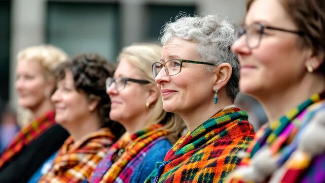 Joyful women wearing traditional Scottish tartan scarves and kilts in a festive community gathering celebrating cultural heritage and vibrant fashion express Scottish customs with pride