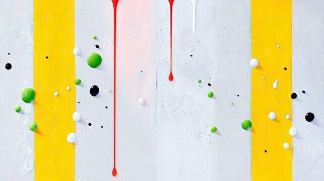 A close-up abstract view of vertical yellow stripes on a textured white background with scattered drops and spheres of red, white, and black paint. - Powered by Adobe
