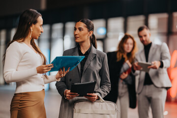 Group of professionals in smart attire exchange tablets and notebooks, signaling teamwork and collaboration in a contemporary lobby as colleagues review notes and plans.