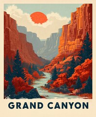 A vintage poster showcases the Grand Canyon majestic cliffs and winding river. The design celebrates nature’s grandeur, travel, and American landscapes.