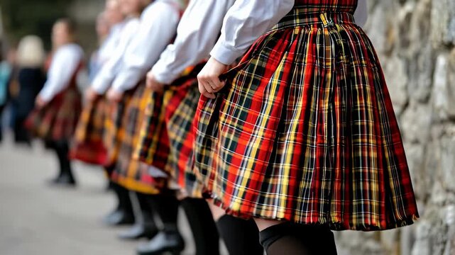 Joyful Scottish people gather outdoors wearing vibrant traditional tartan kilts celebrating cultural heritage and community pride on a festive occasion with historic stone.