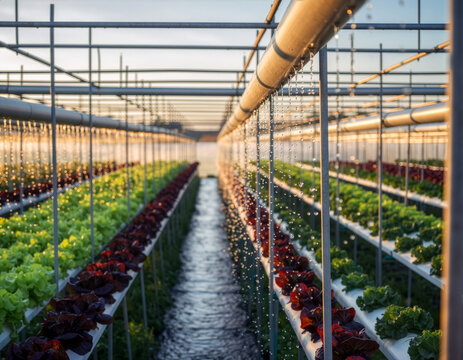 水耕栽培の野菜が育つスマートファームの温室内部と自動灌水チューブの水滴｜レタス,トマト,農業,温室,スマート技術