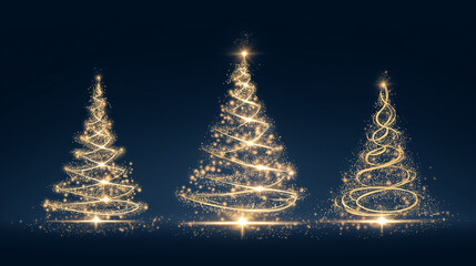Elegant Christmas trees sparkle, their golden lights dancing against a deep, dark backdrop, capturing the festive spirit.