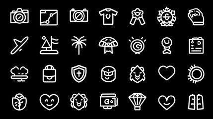 Minimalist white outline icons collection on a black background, featuring diverse symbols for web, UI/UX, and creative design.