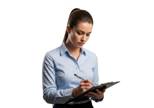 Focused professional woman wearing a light blue collared shirt writing notes on a clipboard with a pen isolated on transparent background