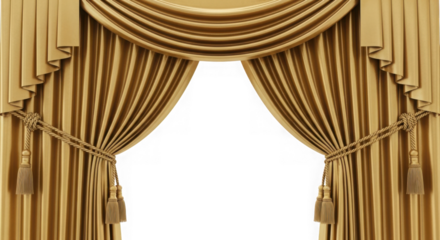 Elegant golden drapes with tassels isolated on transparent background