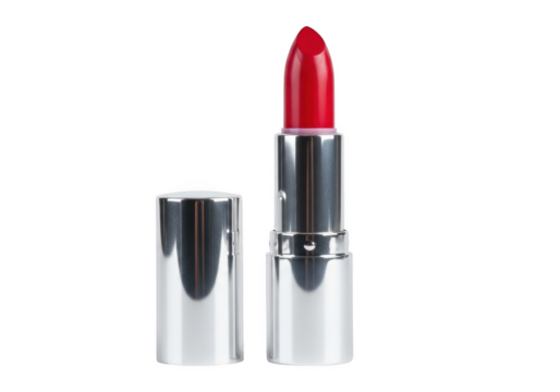 Vibrant red lipstick with silver casing and detached cap isolated on transparent background