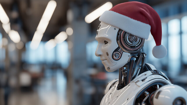 A close-up captures a futuristic robot adorned with a festive santa hat, set against a blurred background, suggesting a fusion of technology and holiday cheer.