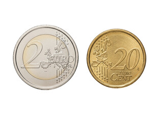 Two Euro Coin and 20 Cent Coin Side by Side, isolated on white background