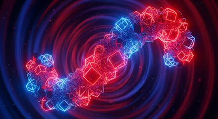 Abstract Geometric Shape Composed of Cubes in Red and Blue Glowing Neon Lights