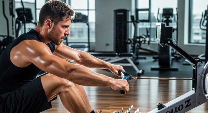 Man working out on rowing machine indoors