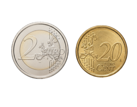 Two Euro Coin and 20 Cent Coin Side by Side, isolated on white background