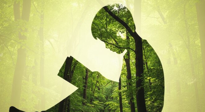 Silhouette of a child reading within a forest, Book, Trees, Nature