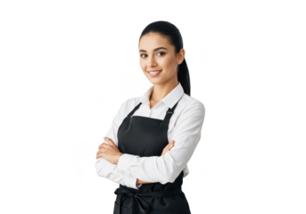 Professional young woman wearing a black apron and white shirt with arms crossed confidently isolated on transparent background