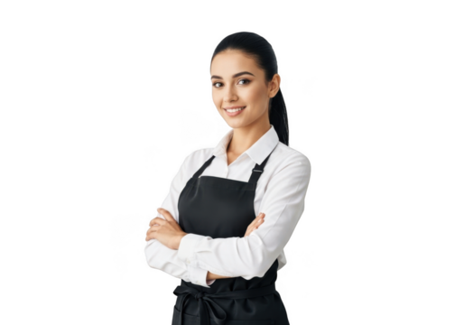 Professional young woman wearing a black apron and white shirt with arms crossed confidently isolated on transparent background