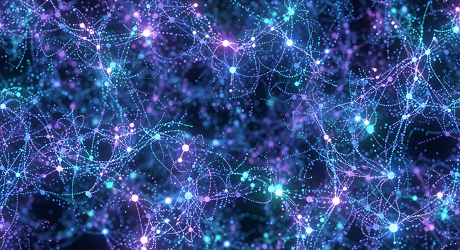 Abstract network of interconnected points with vibrant blue and purple hues