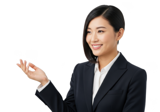 Smiling young asian businesswoman in a dark suit gesturing with her left hand isolated on transparent background
