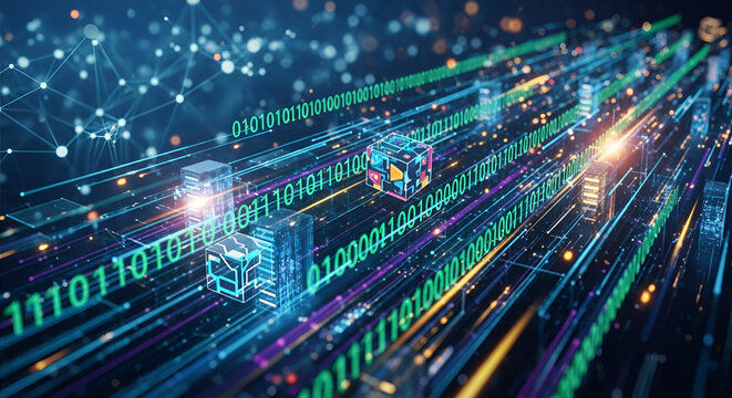 Abstract representation of data flow and processing in a network environment background - Powered by Adobe