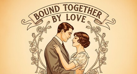 Vintage-style illustration of a romantic couple embracing with a banner reading 'Bound Together by Love' and floral decorations, evoking themes of romance and commitment