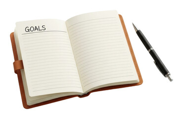 Goals open notebook with pen personal space focused view isolated on transparent background