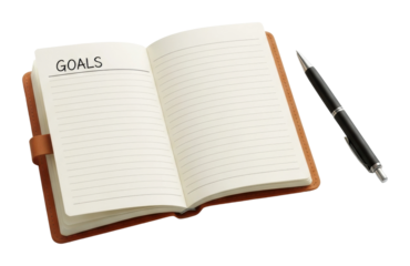 Goals open notebook with pen personal space focused view isolated on transparent background
