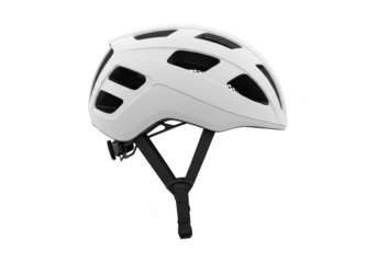 A sleek white bicycle helmet with ventilation slots and adjustable straps isolated on transparent background
