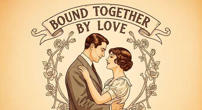 Vintage-style illustration of a romantic couple embracing with a banner reading 'Bound Together by Love' and floral decorations, evoking themes of romance and commitment