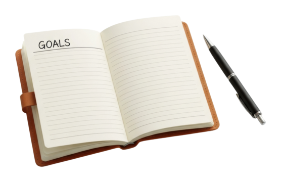 Goals open notebook with pen personal space focused view isolated on transparent background