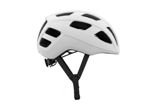 A sleek white bicycle helmet with ventilation slots and adjustable straps isolated on transparent background - Powered by Adobe