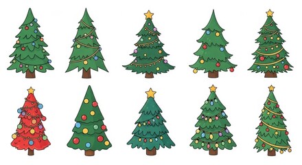 Collection of Illustrated Christmas Trees with Ornaments and Stars, Holiday, Festive, Decoration