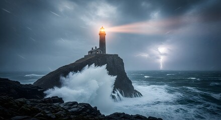 A lighthouse standing on a rocky cliff during a storm with lightning illuminating the dark, cloudy sky and waves crashing against the rocks below