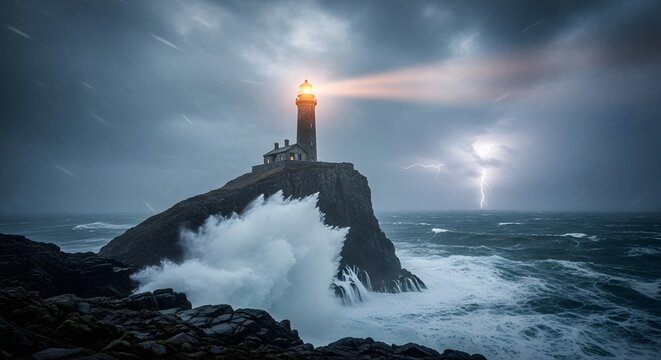 A lighthouse standing on a rocky cliff during a storm with lightning illuminating the dark, cloudy sky and waves crashing against the rocks below