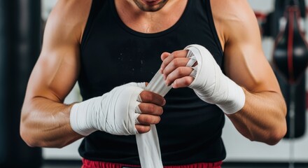 Man wrapping hands with boxing wraps