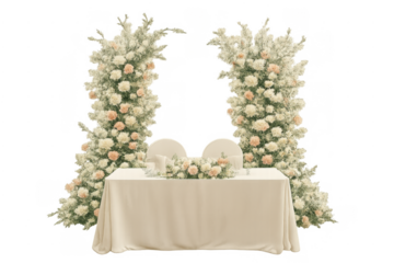 Wedding reception table setting with floral arch decorations