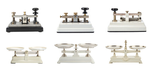Antique telegraph keys and balance scales