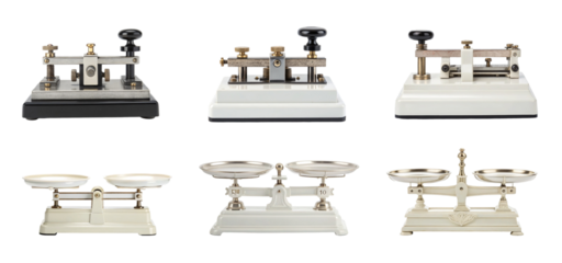 Antique telegraph keys and balance scales