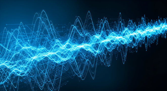 Energetic abstract blue sound wave visualization, representing data flow and technology - Powered by Adobe