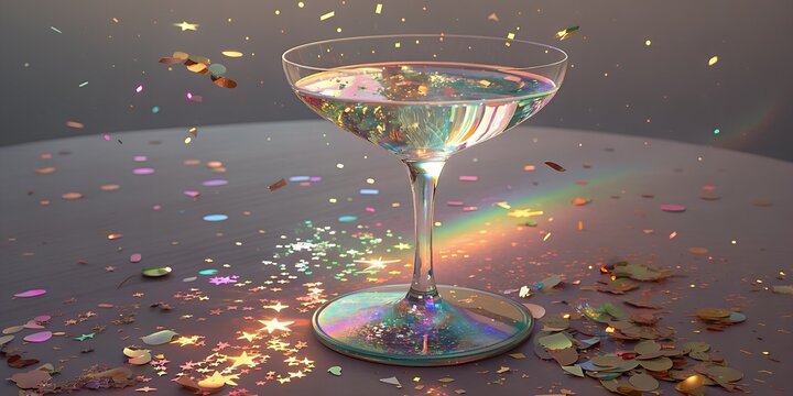 A clear cocktail glass filled with liquid sits on a table surrounded by colorful confetti and glitter. Light reflects off the glass, creating a rainbow effect. - Powered by Adobe