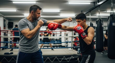 Boxing coach training young fighter