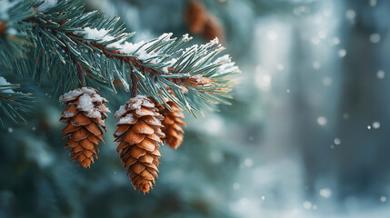 A captivating winter scene, where a pine branch adorned with snow-dusted pine cones glistens against a serene, blurred background. An image celebrating winter's beauty and the simplicity of nature.